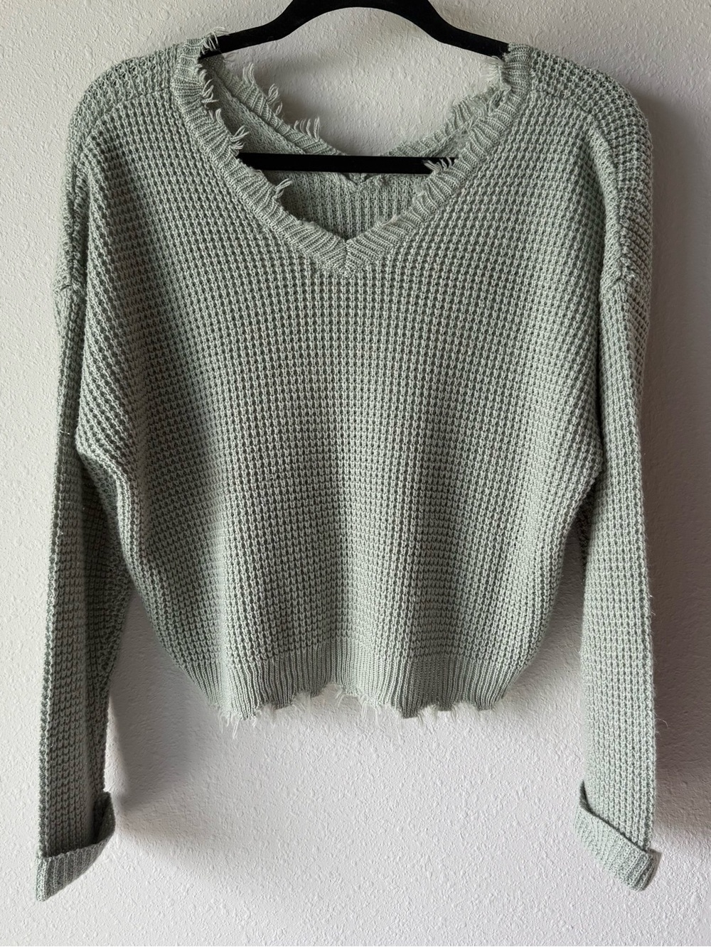 Distressed V-Neck Women's Sweater in Sage Green